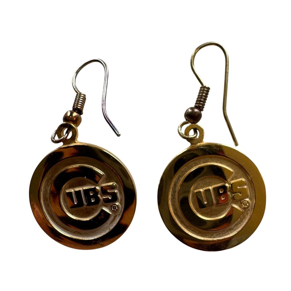 Vintage Chicago Cubs MLB Earrings 2002 Peter David Gold Tone Logo Dangle Drop